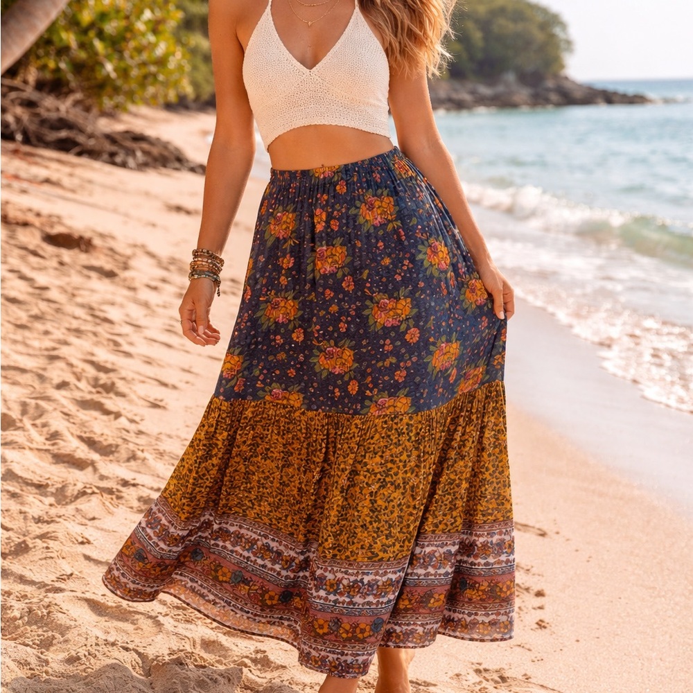 NATURAL LIFE Floral Maxi Skirt - Navy and Mustard Yellow Size L